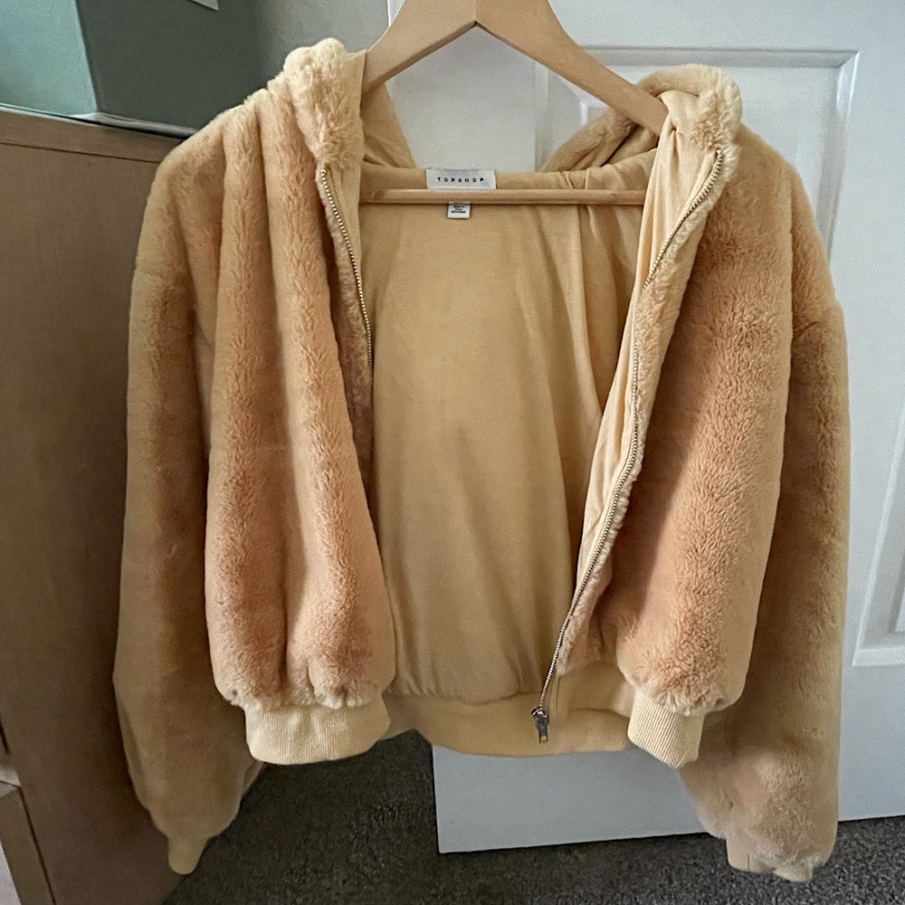 Topshop Yellow/Cream Faux Fur Jacket with pockets